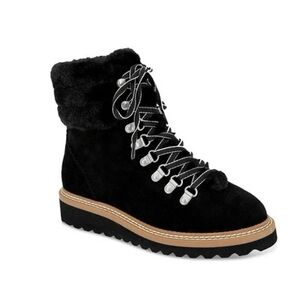 Splendid Evita Black Women’s Suede Faux Fur Hiking Lace Up Wedge Boots Size 6.5